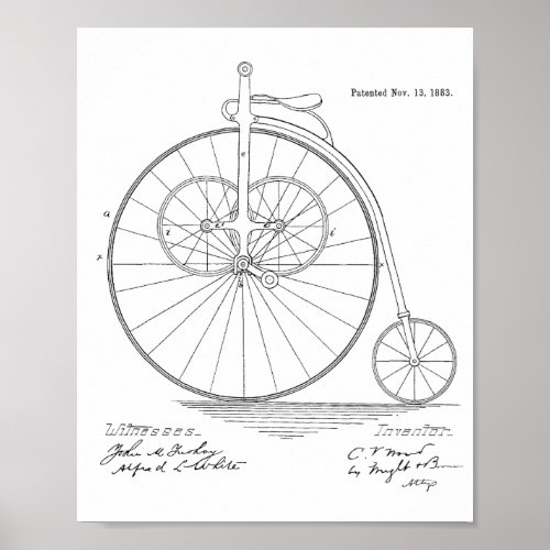1883 Vintage High Wheeler Bicycle Patent Art Print
