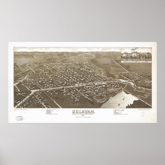 1884 Delavan, WI Birds Eye Panoramic Map Poster (Front)