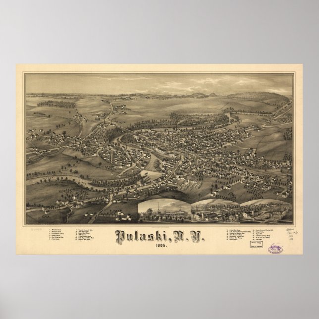 1885 Pulaski, NY Birds Eye View Panoramic Map Poster (Front)