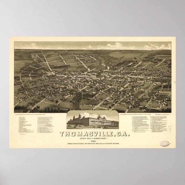 1885 Thomasville, GA Birds Eye View Panoramic Map Poster (Front)