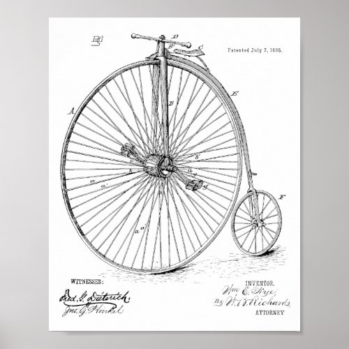 1885 Vintage High Wheeler Bicycle Patent Art Print