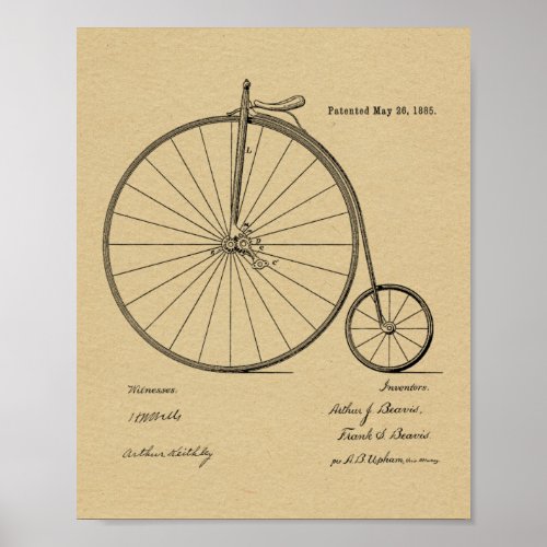 1885 Vintage High Wheeler Bicycle Patent Art Print