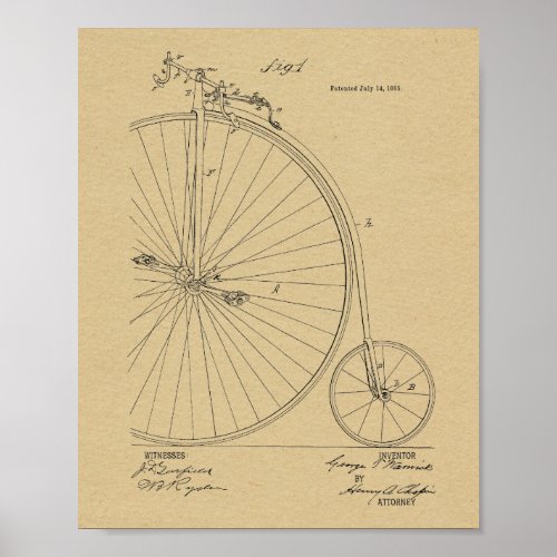 1885 Vintage High Wheeler Bicycle Patent Art Print