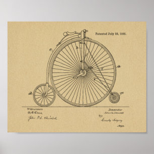 1885 Vintage High Wheeler Bicycle Patent Art Print