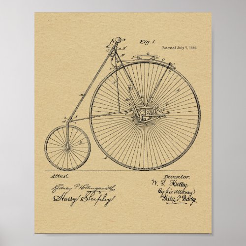 1885 Vintage High Wheeler Bicycle Patent Art Print