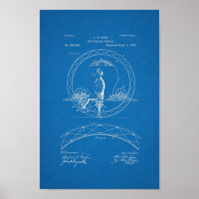 1885 Vintage One Wheeled Bike Patent Print (Front)