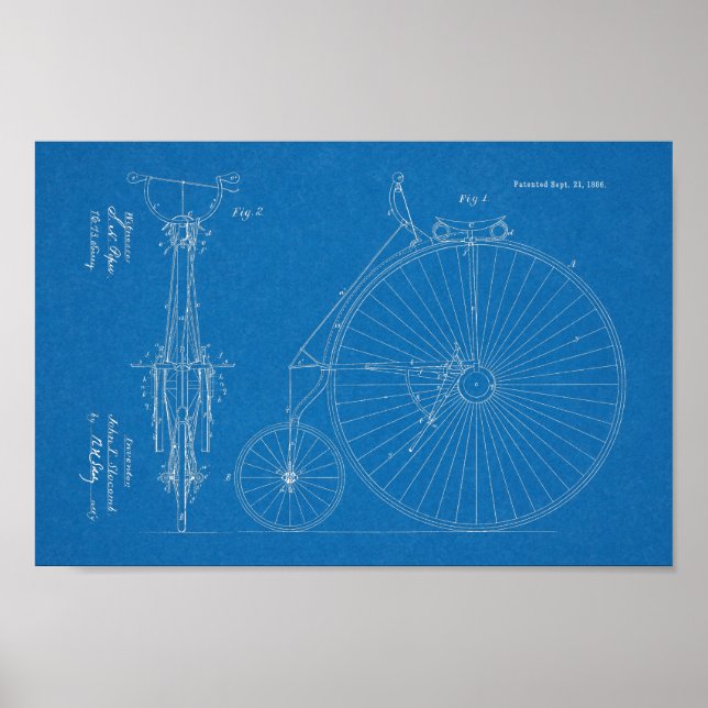 1886 High Wheeler Bicycle Design Patent Art Print (Front)