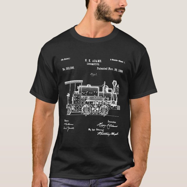1886 Locomotive Steam Train Patent Blueprint T-Shirt (Front)