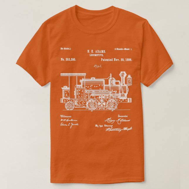 1886 Locomotive Steam Train Retro Patent Blueprint T-Shirt (Design Front)