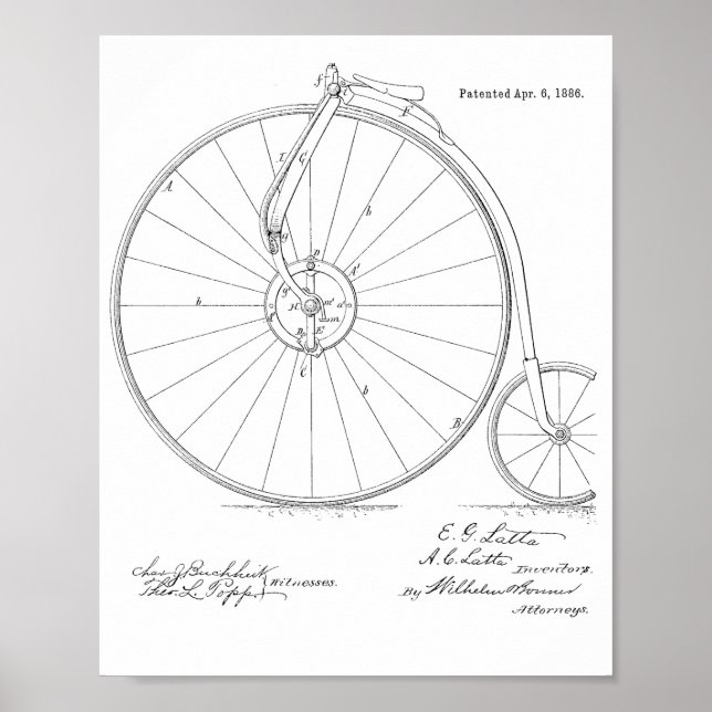 1886 Vintage High Wheeler Bicycle Patent Art Print (Front)