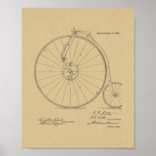 1886 Vintage High Wheeler Bicycle Patent Art Print