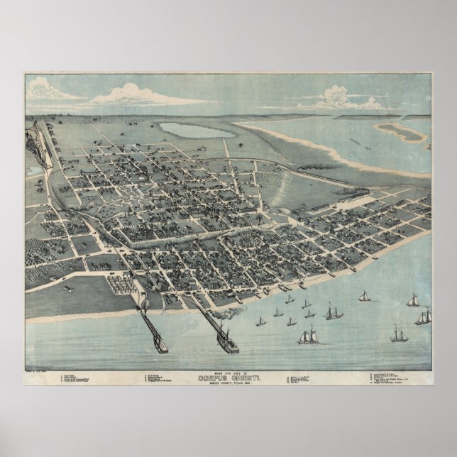 1887 Corpus Christi TX BirdsEye View Panoramic Map Poster (Front)