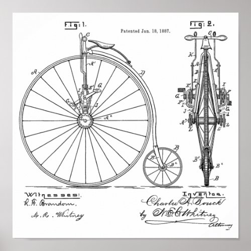 1887 Vintage High Wheeler Bicycle Patent Art Print