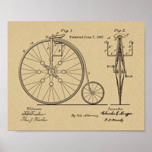 1887 Vintage High Wheeler Bicycle Patent Art Print