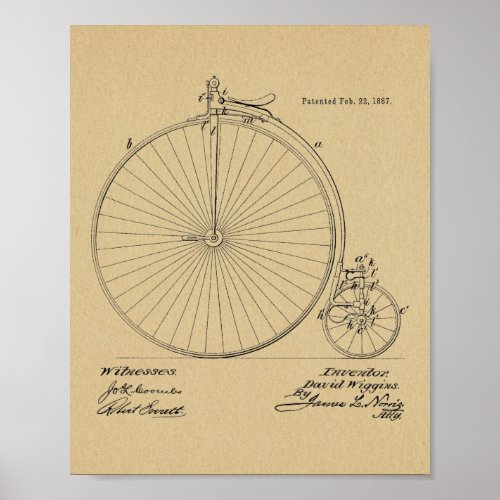 1887 Vintage High Wheeler Bicycle Patent Art Print