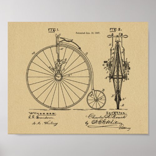 1887 Vintage High Wheeler Bicycle Patent Art Print