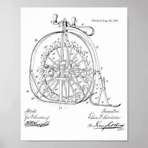 1887 Vintage Ice High Wheeler Bicycle Patent Print