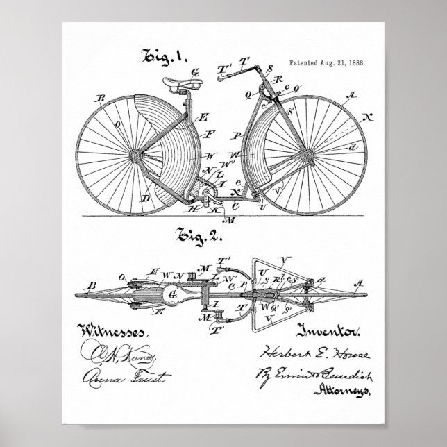 1888 Vintage Bicycle Design Patent Art Print (Front)