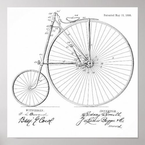 1888 Vintage High Wheeler Bicycle Patent Art Print