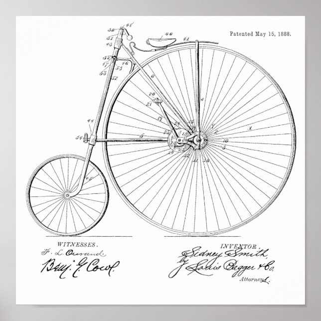 1888 Vintage High Wheeler Bicycle Patent Art Print (Front)