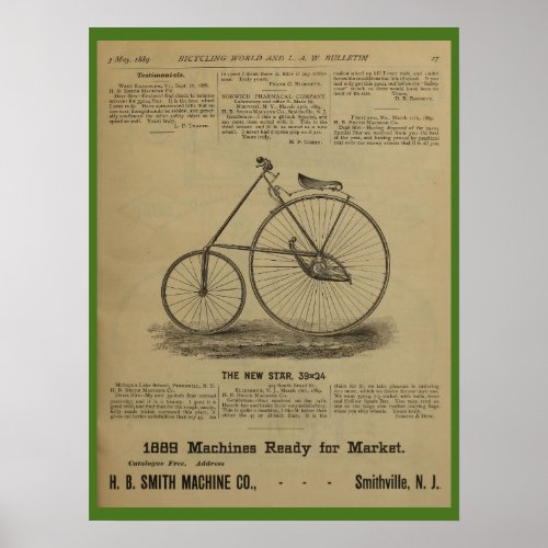 1889 Vintage Bicycle Magazine Ad Art Poster