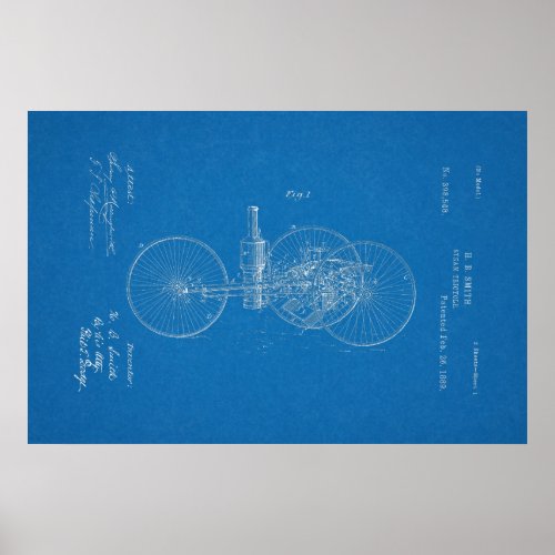 1889 Vintage Steam Tricycle Patent Blueprint Art Poster