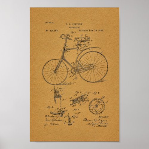 1889 Vintage Velocipede Patent Art Print Bicycle