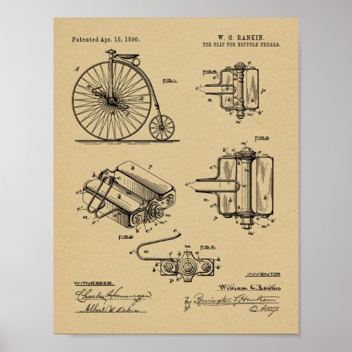 1890 Bicycle High Wheeler Pedal Design Patent Art Poster