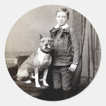 1890 Boy And His American Staffordshire Terrier Classic Round Sticker by historicimage at Zazzle