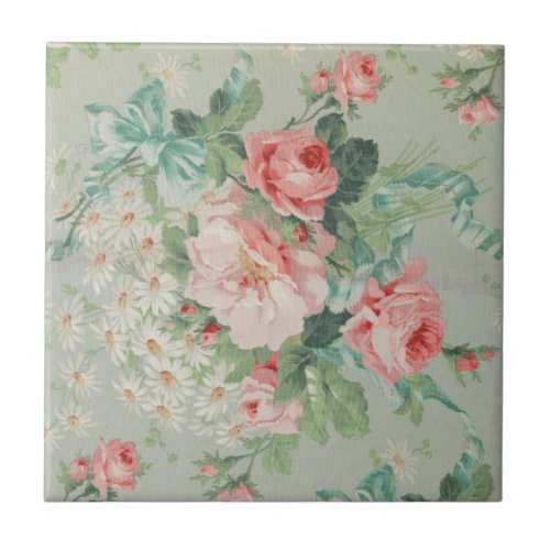 1890 British Vintage Fabric Roses  Daisies  Ceramic Tile