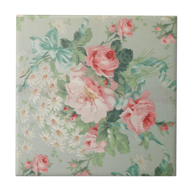 1890 British Vintage Fabric Roses & Daisies  Ceramic Tile (Front)