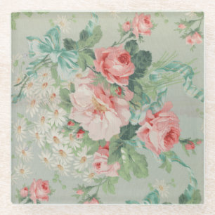 1890 British Vintage Fabric Roses & Daisies Glass Coaster