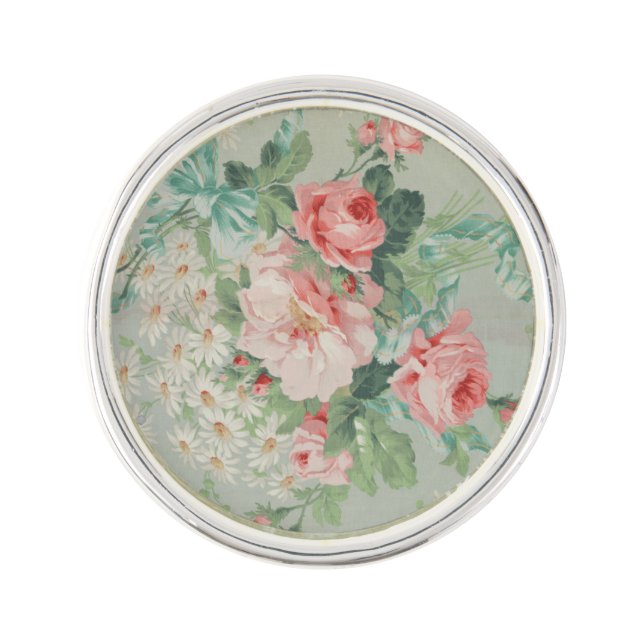 1890 British Vintage Fabric Roses & Daisies  Lapel Pin (Front)