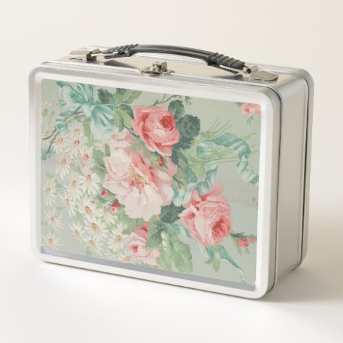 1890 British Vintage Fabric Roses  Daisies  Metal Lunch Box