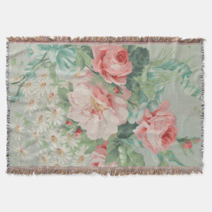 1890 British Vintage Fabric Roses & Daisies Throw Blanket