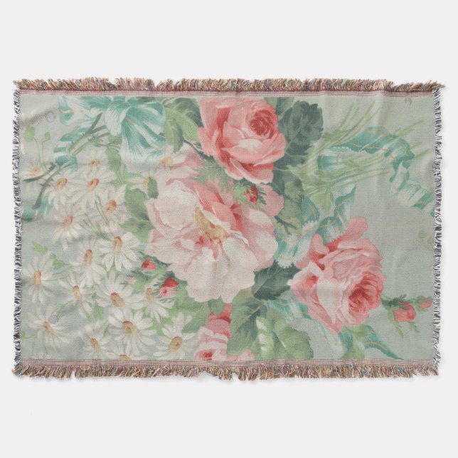 1890 British Vintage Fabric Roses & Daisies  Throw Blanket (Front)