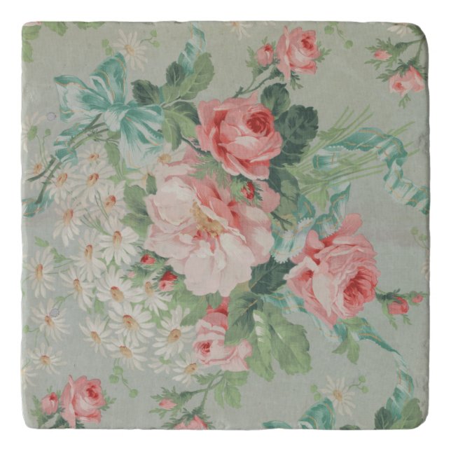 1890 British Vintage Fabric Roses & Daisies  Trivet (Front)