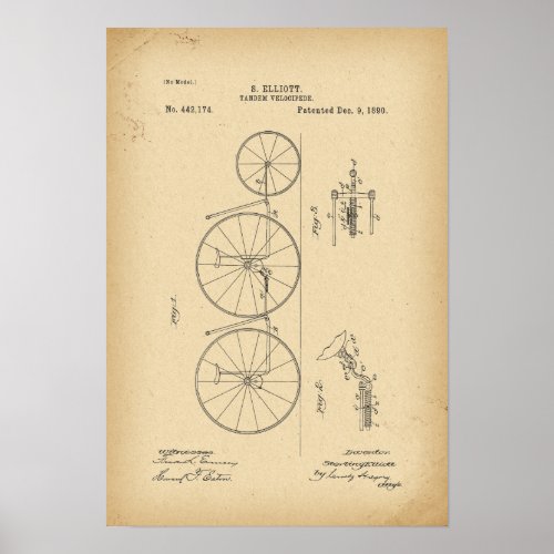 1890 Patent Bicycle Tandem Poster