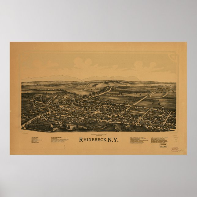 1890 Rhinebeck, NY Birds Eye View Panoramic Map Poster (Front)