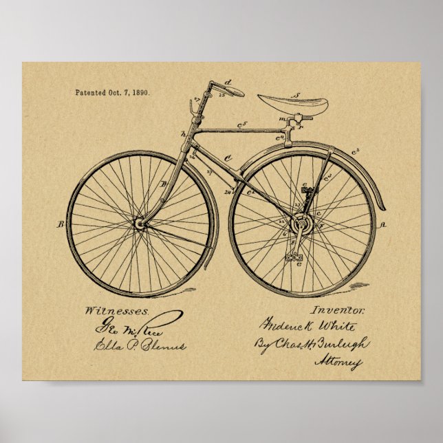 1890 Vintage Bicycle Design Patent Art Print (Front)