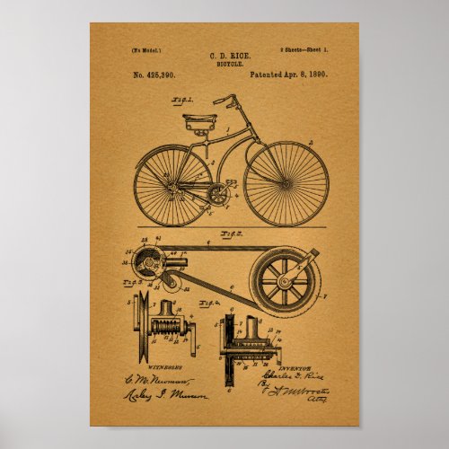 1890 Vintage Bicycle Gears Patent Art Print