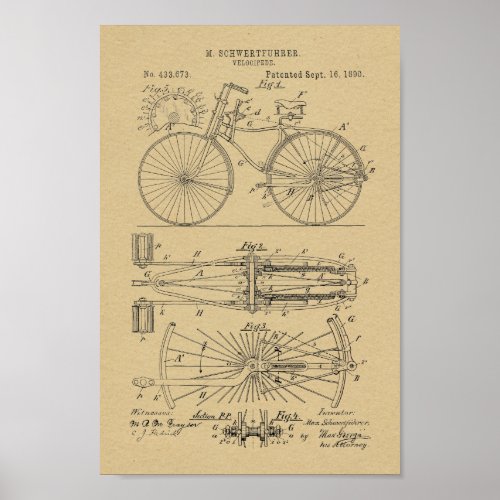 1890 Vintage Bicycle Lever Design Patent Art Print