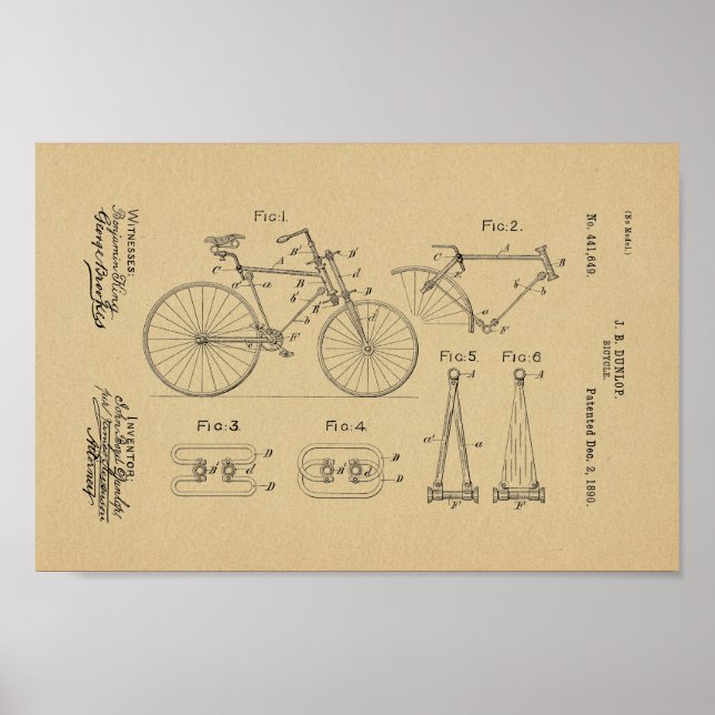 1890 Vintage Bicycle Patent Art Print (Front)