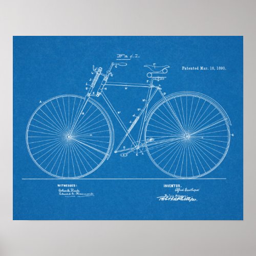 1890 Vintage Bicycle Patent Blueprint Art Print