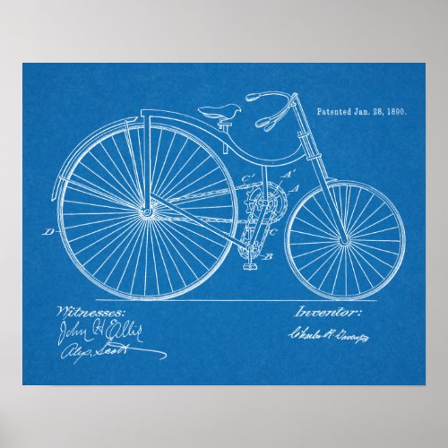1890 Vintage Bicycle Patent Blueprint Art Print
