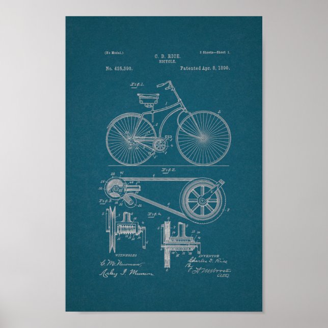 1890 Vintage Bicycle Patent Print Blueprint (Front)