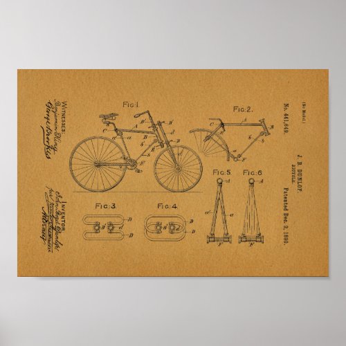 1890 Vintage Dunlop Bicycle Frame Patent Art Print