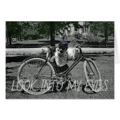 1890'S FUNNY WOMAN WITH BICYCLE CIVIL WAR HAT CARD (Front Horizontal)