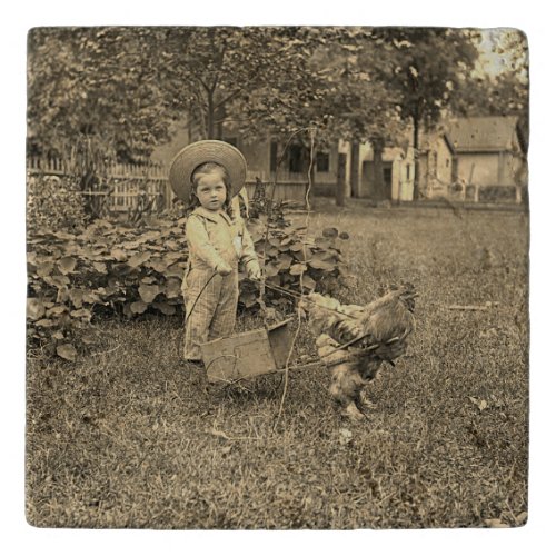 1890s Garden LIttle Girl With Rooster Cart Photo Trivet