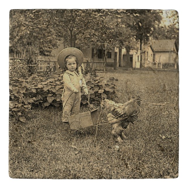 1890's Garden LIttle Girl With Rooster Cart Photo Trivet (Front)